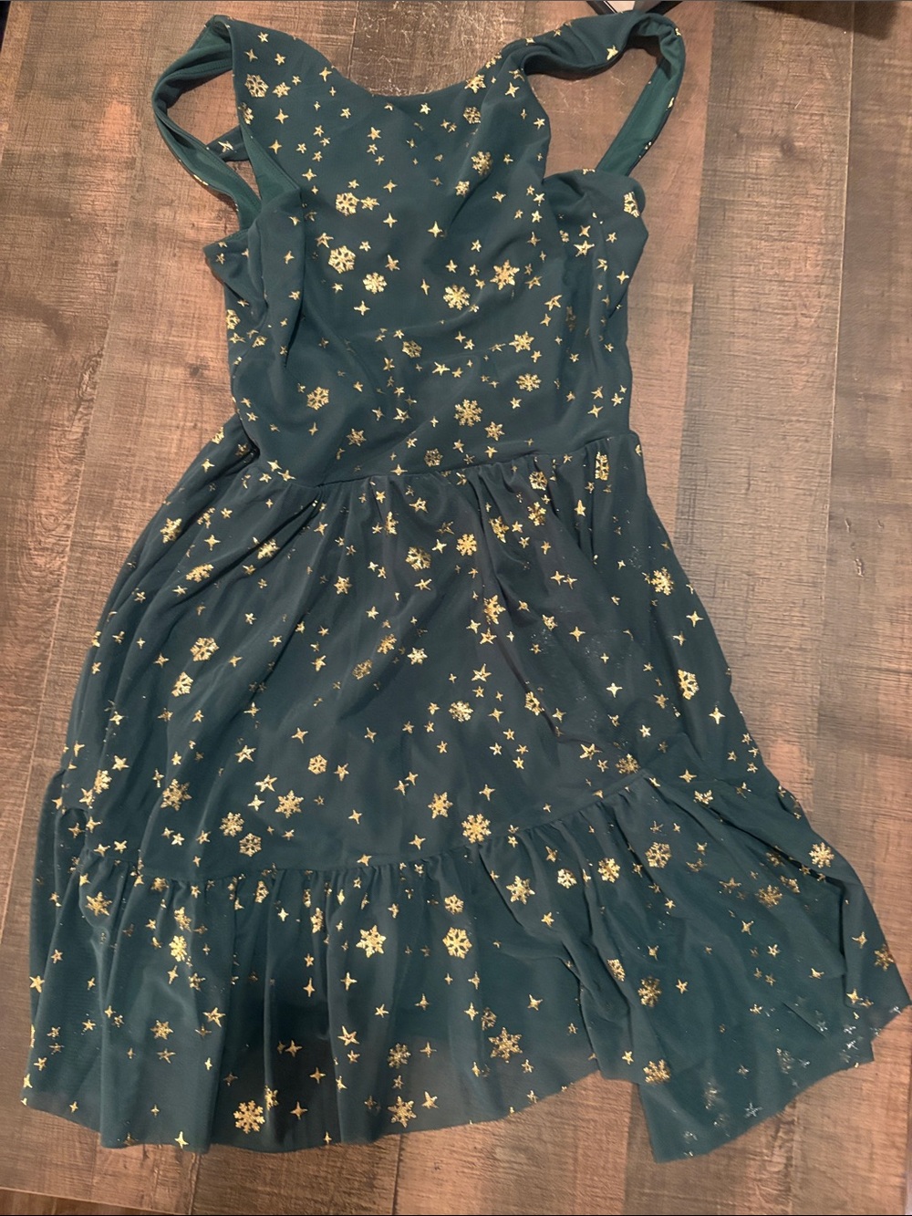Blackmilk  Dark Green Dress with Gold Star Print S ruffled skirt and tie back.